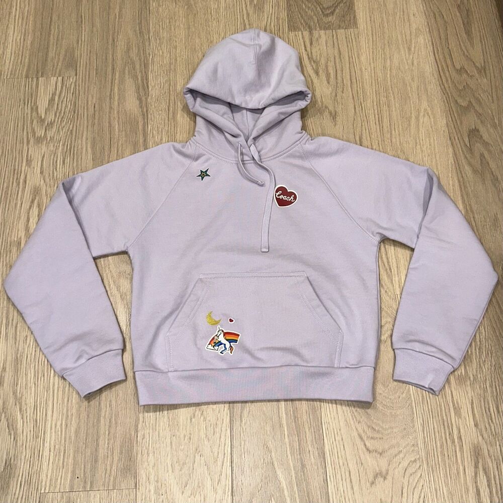 Coach Shrunken Raglan Hoodie With Sticker Patches Cropped Womens XS Light Purple